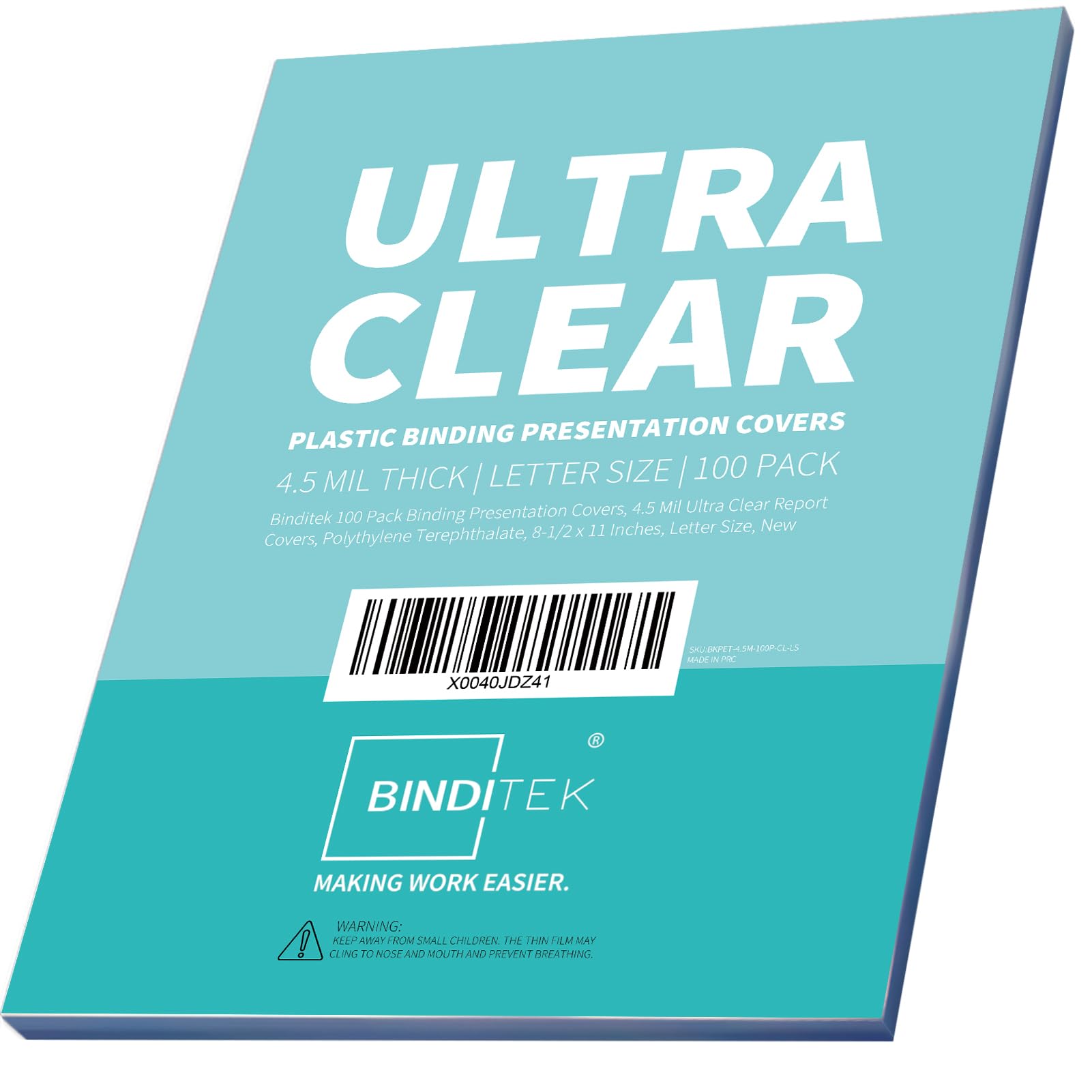 Binditek 100 Pack 4.5 Mil Binding Presentation Covers, Ultra Clear, 8.5 x 11 Inches, Letter Size, Square Corners, Un-Punched