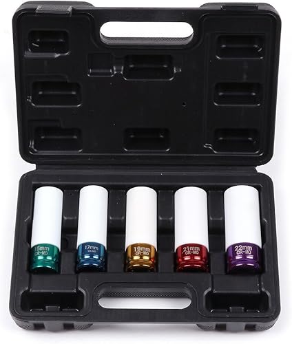 Juego de 5 piezas de dados de impacto profundo de pared delgada de 12 pulgada, protector de rueda de impulsión, funda de plástico duradero, 6 puntos