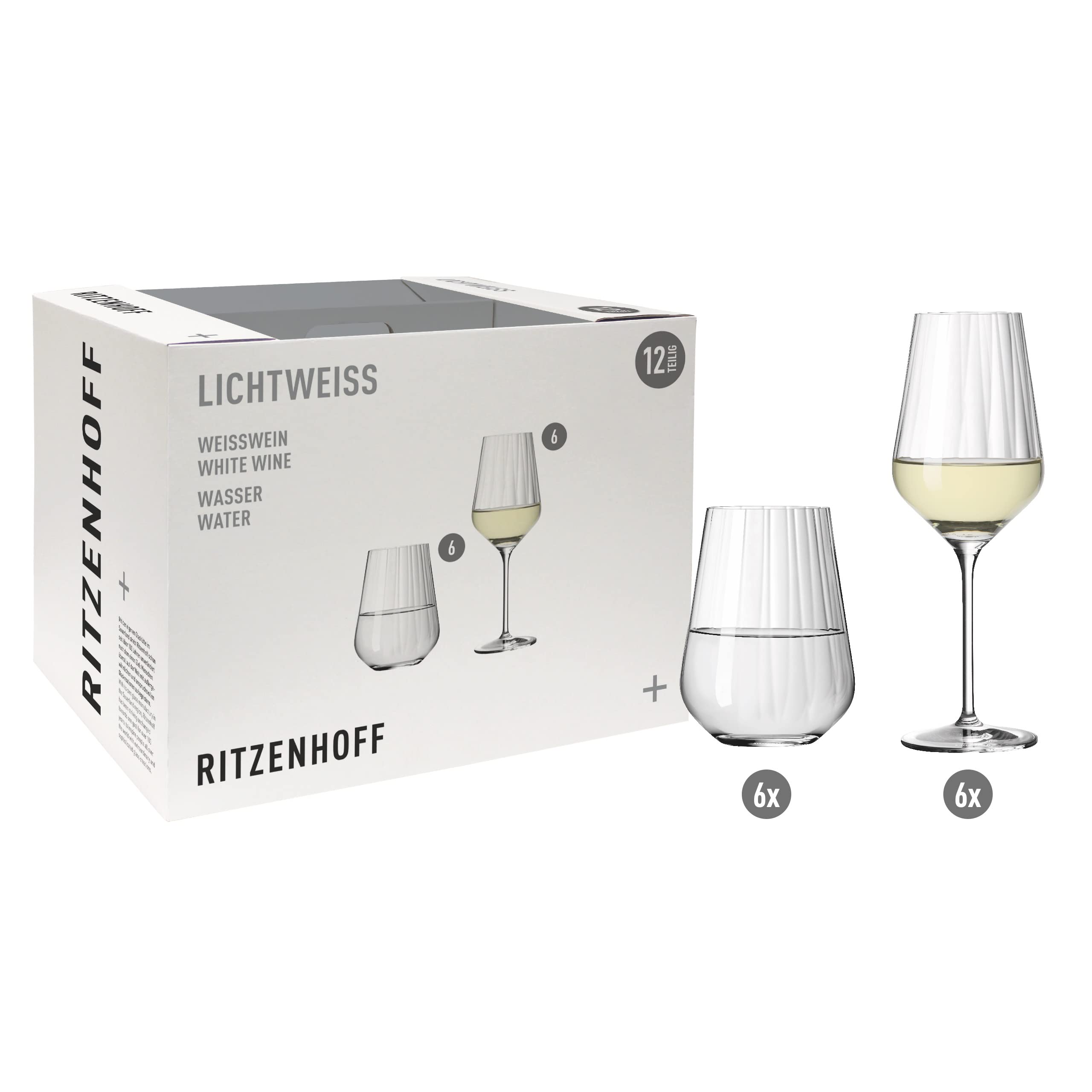 RITZENHOFF 6111010 - Set di bicchieri da vino bianco e acqua, serie taglio a stella, 12 pezzi per 300 ml, elegante, made in Germany, trasparente