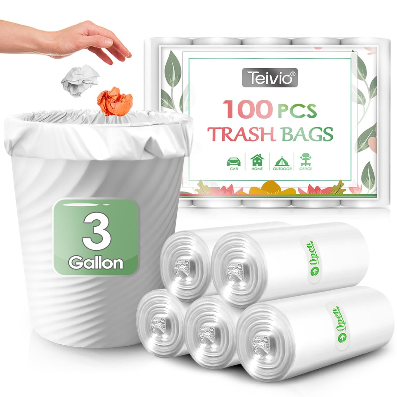 3 Gallon 100 Counts Strong Trash Bags Garbage Bags by Teivio, Bin Liners, Plastic Bags for home office kitchen, Clear