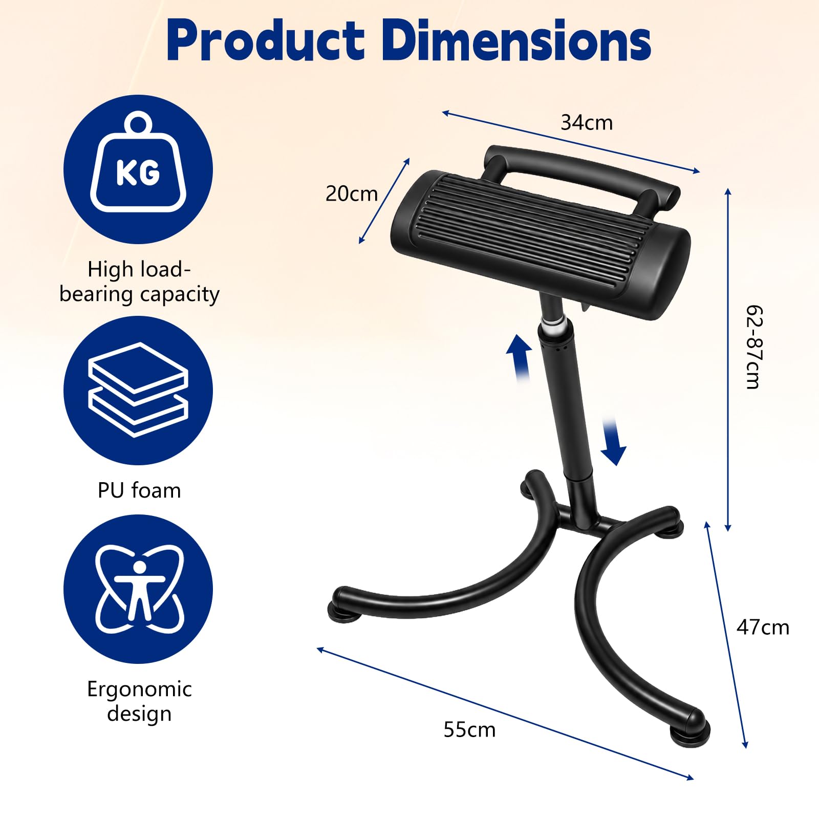 Tabouret sur pied, antistatique, hauteur réglable de 62 à 87 cm, capacité