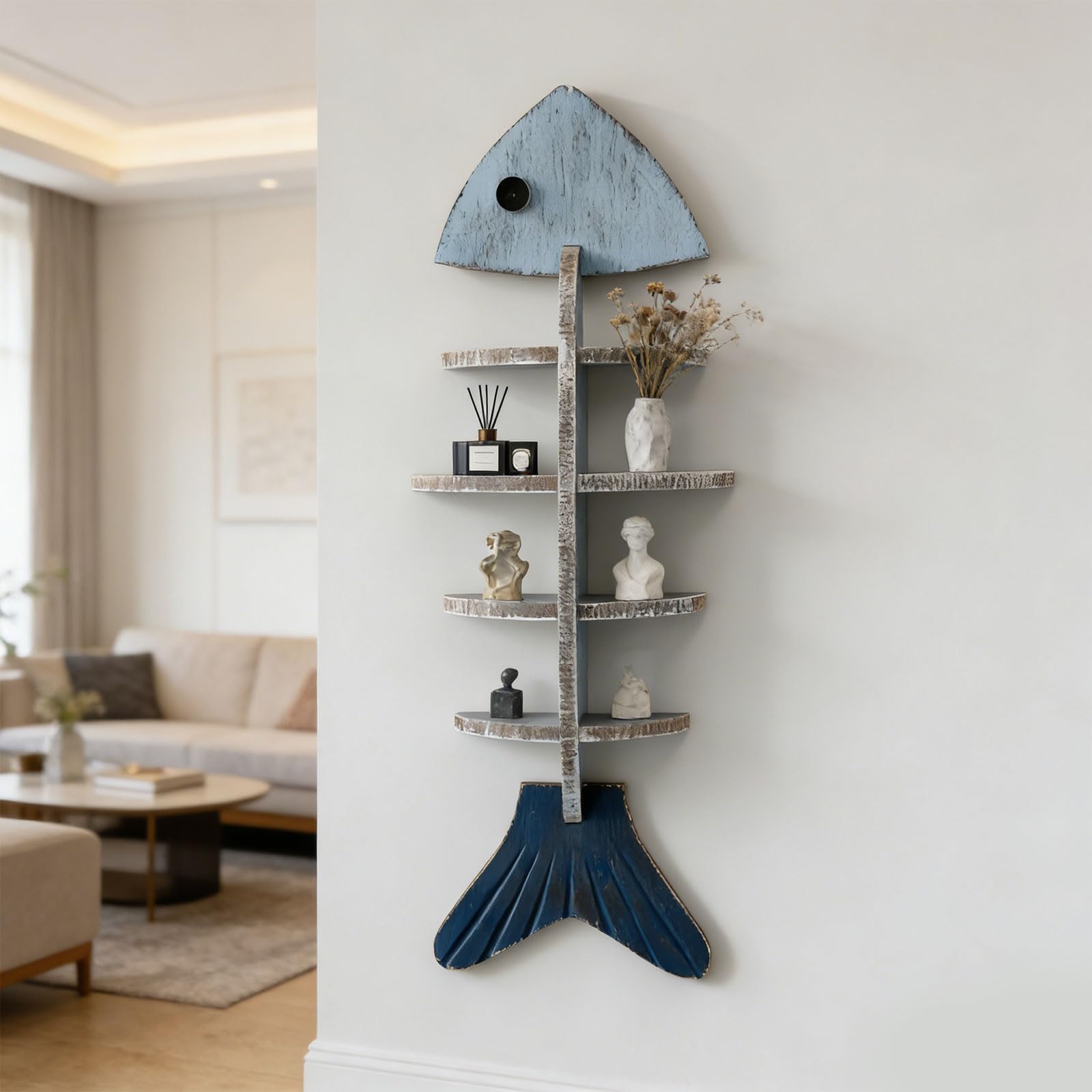 Mensola decorativa da parete ispirata al mare, con ampio spazio per piccoli oggetti in soggiorno, decorazione a tema spiaggia