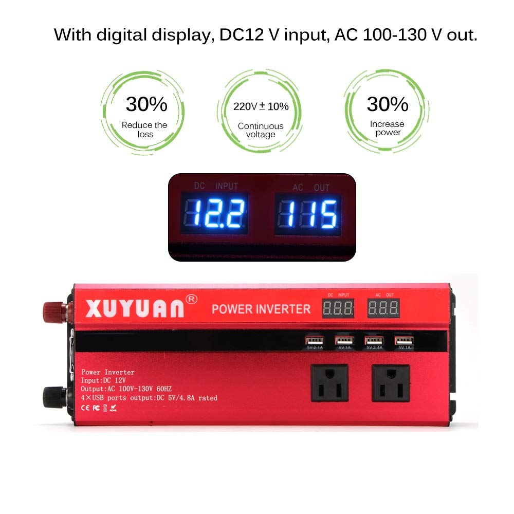 Inversor,Inversor de Coche 2000W de energía de Coche Inversor DC12 / 24V for AC110 / 220V Onda sinusoidal Converter Interfaces 4 USB(DC24V to AC220V)