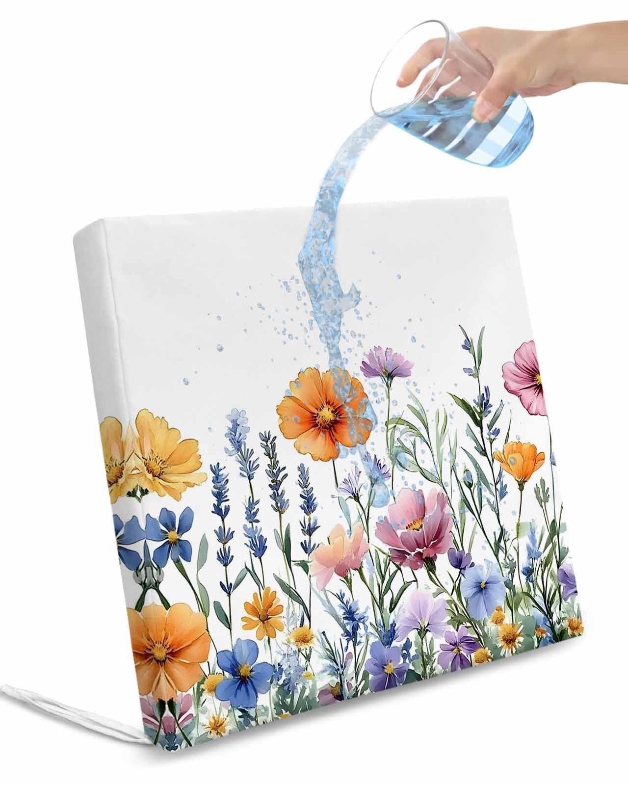 2 Pack Spring Floral Waterproof Cushion Covers with Ties, Outdoor Patio Chaise Lounge Chair Seat Cushion Slip Covers Replacement(Only Cover) Pastoral Flowers Watercolor 20