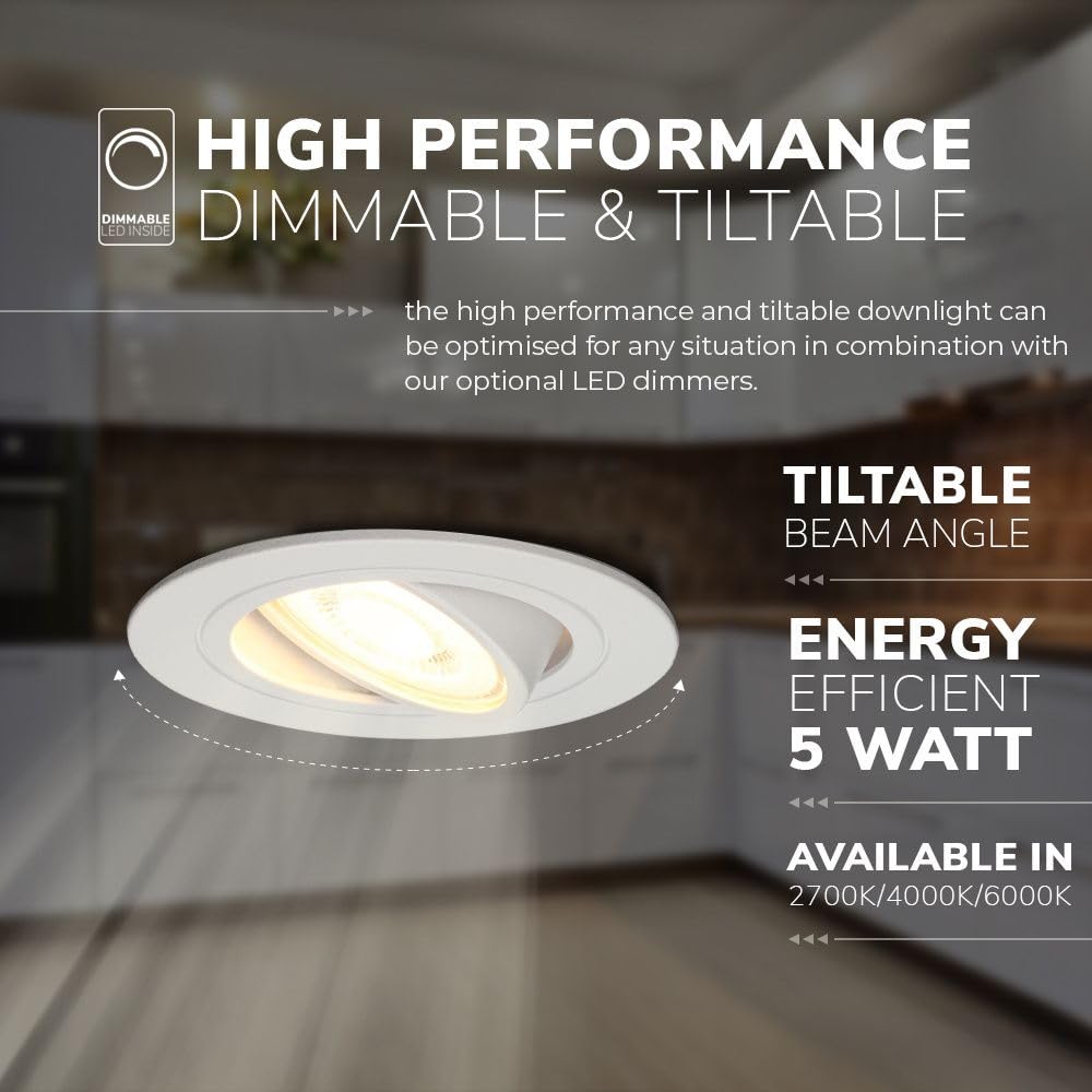 HOFTRONIC - 10er Set LED Einbaustrahler Weiß 230V - Schwenkbar und Stufenlos Dimmbar - Einbauleuchten 4 Watt - 345 Lumen - GU10 2700K Warmweiß - Deckenspots Rund (Ø75-80 mm) Flach