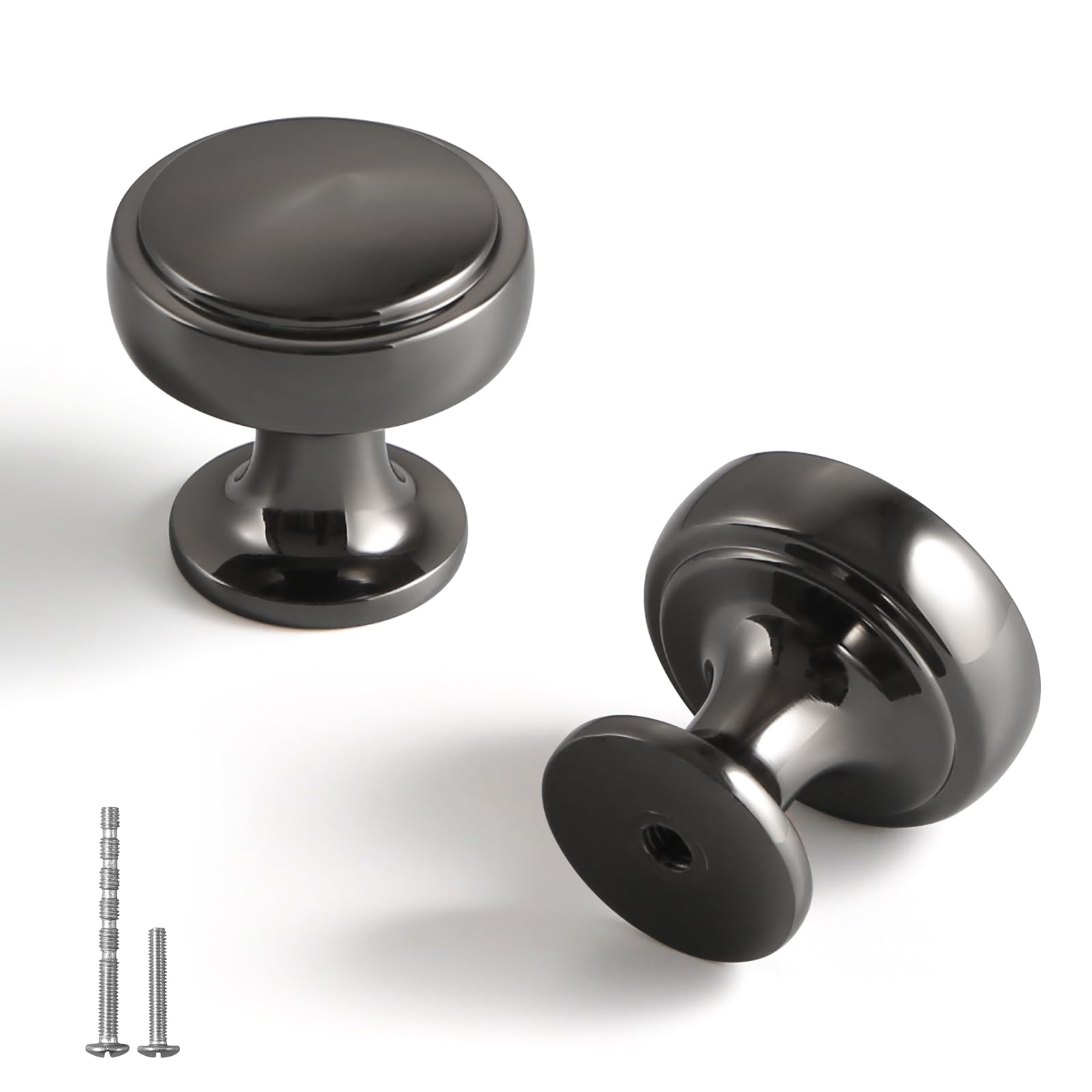 Yagu Polished Black 6 Pack Kitchen Cabinet Knobs 1.1 Inch Round Solid Dresser Drawer Knob Dark Grey Modern Hardware Bright Gunmetal Pulls For Closet Cupboard Wardrobe