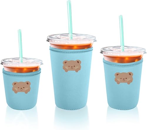 Fycyko Fundas de café helado (3 piezas) aislantes reutilizables para bebidas frías y calientes, lindo patrón de oso de neopreno para bebidas de café