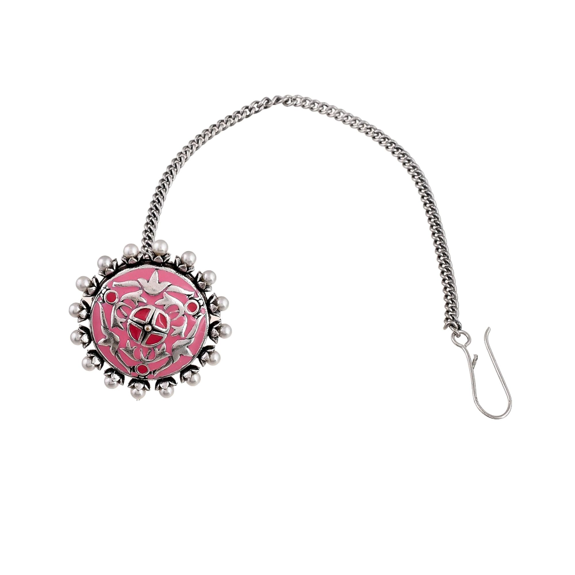 Voylla Shwet Kamal Pink Enamel Faux Pearls Adorned Silver Plated Maang Tika (B0CR1DMHKW) Amazon Price History, Amazon Price Tracker