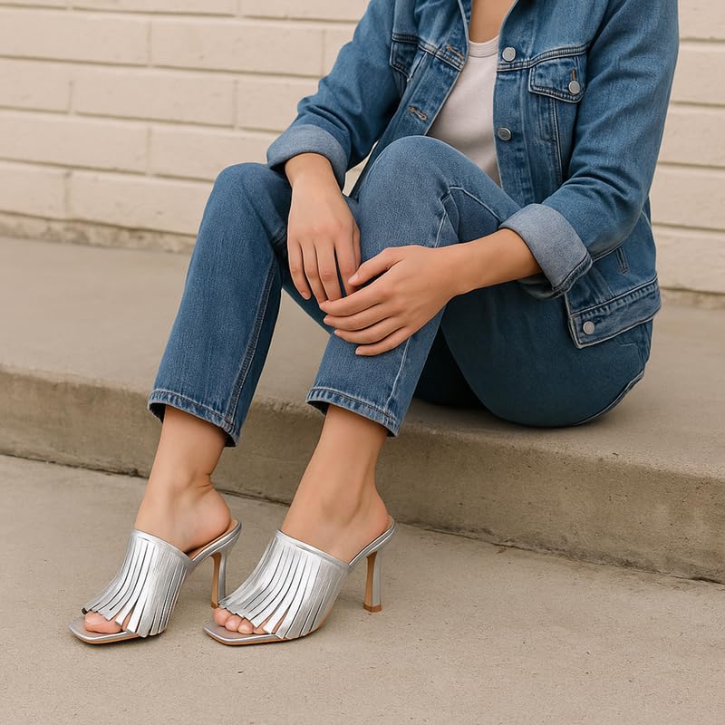 Only maker Fringe High Heel Sandals Stiletto Slide Style for Wedding Cocktail Night Out4