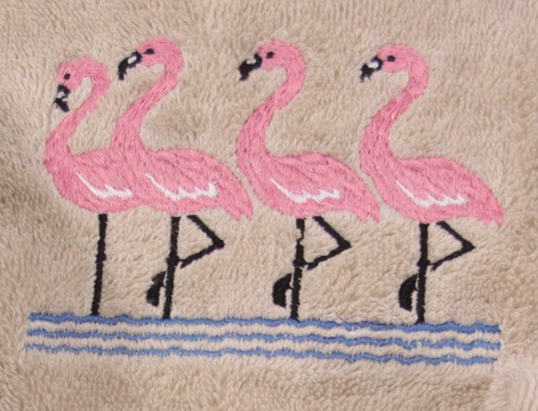 Bath Towel Set with Embroidered Group of Flamingos - Beige