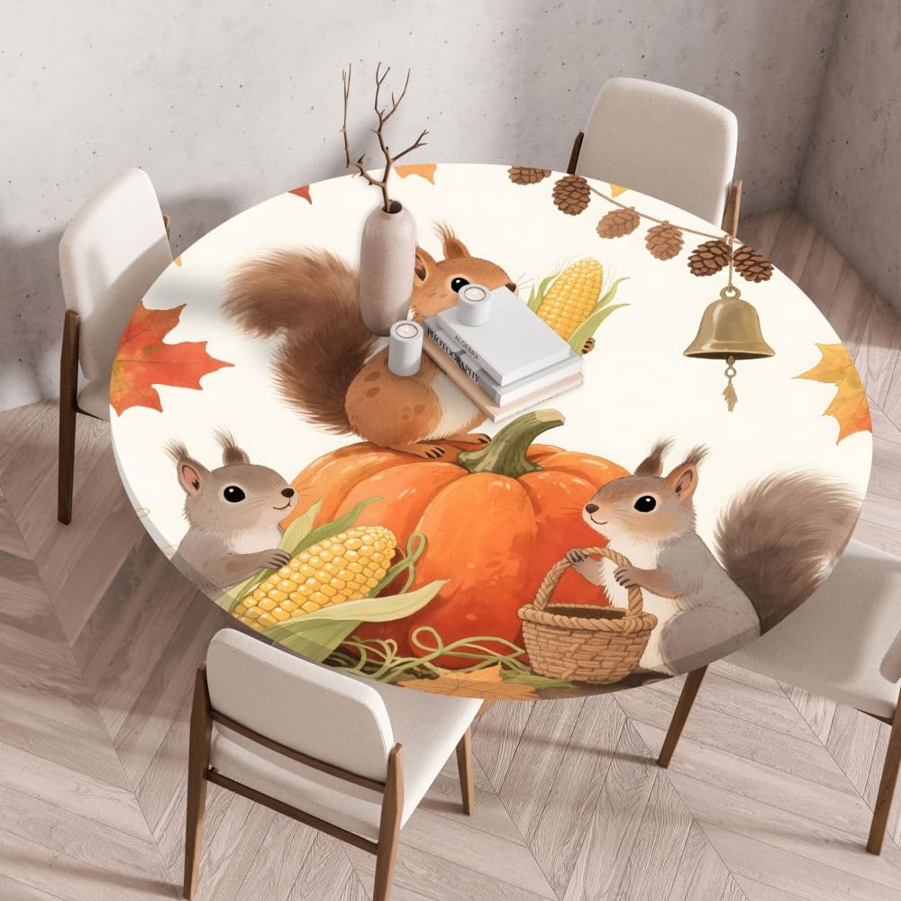 Odot Elastic Edged Round Fitted Tablecloth Autumn squirrels Protector Wipeable Circle Tablecloth, Table Cover Wipe Clean for Kitchen Dining Room Picnic Tabletop (Maple Pumpkin 4,130cm)