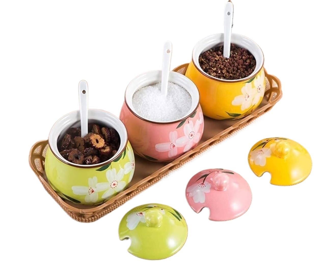 Bocal à épices, bol à sucre, tasse à sucre de fleur japonaise peinte à la main en céramique avec couvercle cuillère
