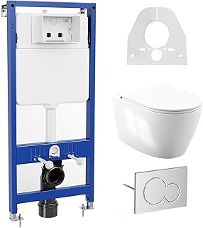 Vorwandelement WC Set Komplett – Höhenverstellbares Hänge-WC mit D-Form Sitz & Absenkautomatik, Spülkasten mit Schallschutz, Wassersparend (3/6L), 500kg Tragkraft – Weiß, Modern & Hygienisch