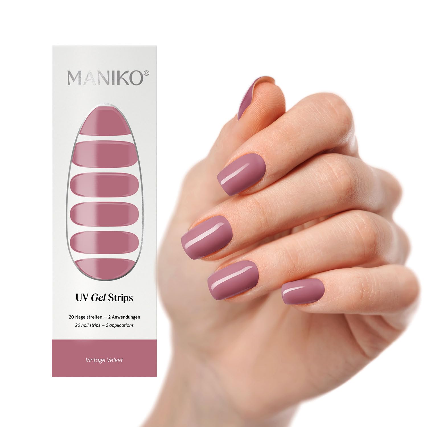 Maniko® UV Gel Strips – Pellicola autoadesiva per unghie fino a 2 applicazioni, vegana e lunga durata, manicure per unghie naturali (20 strisce gel UV) (velluto vintage)
