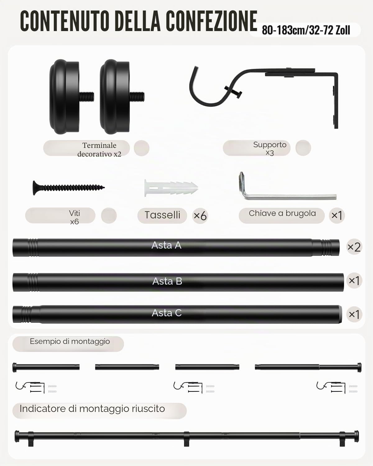 Bastone Tende 80–183 cm, Asta Estensibile Ø25 mm, Bastoni per Tende con Staffe per Finestre di Camera da Letto e Soggiorno, Nero Opaco