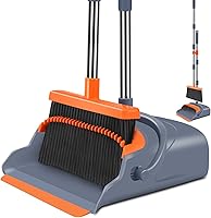 Kelamayi Upgraded Broom and Dustpan Set - Self-Cleaning Teeth, Extendable Handle, Pet Hair Sweeper for Indoor Outdoor Use (Gray/Orange)