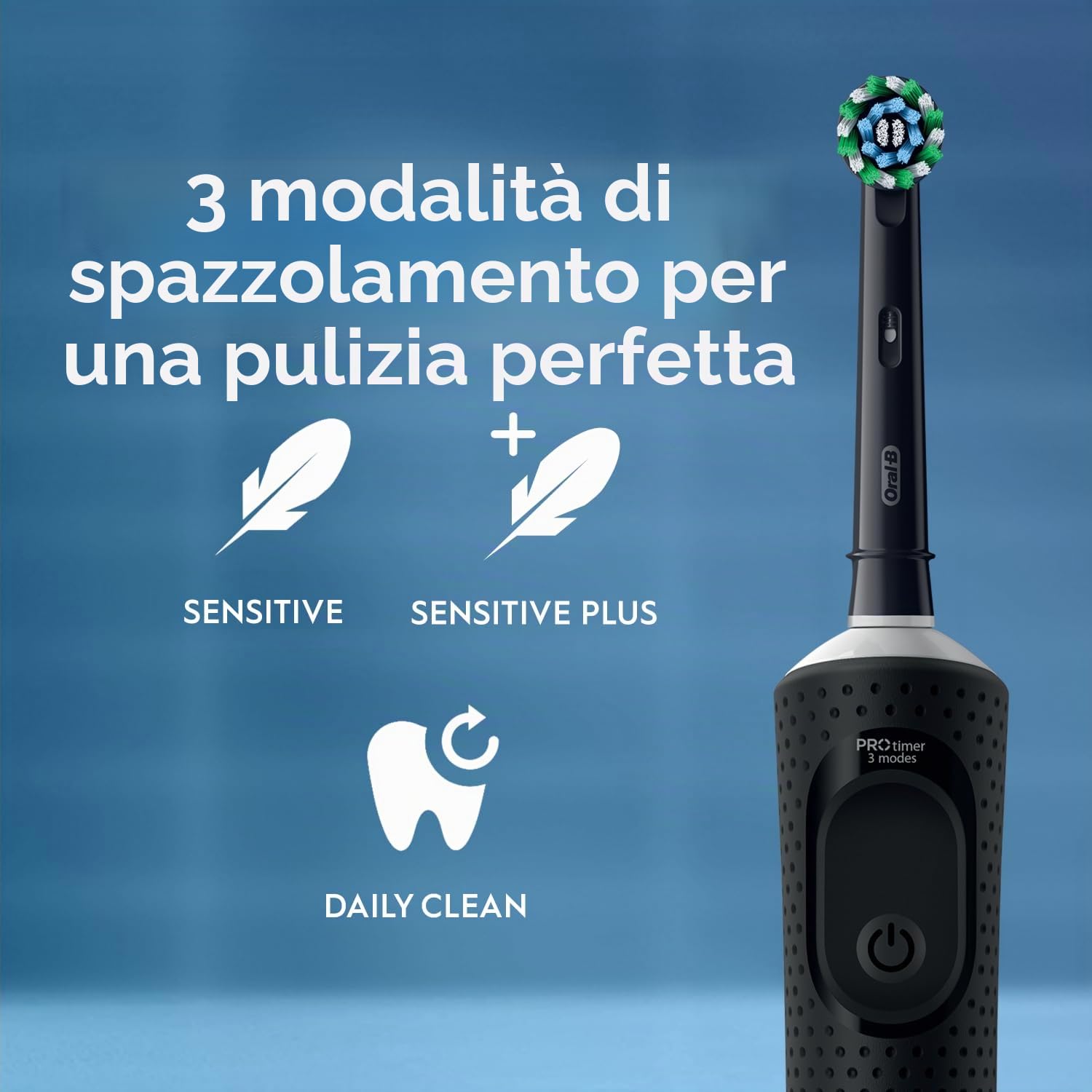 Oral-B Vitality Pro Spazzolini elettrici per adulti, per lui/lei, 1 manico, 2 testine, 3 modalità di spazzolatura tra cui Sensitive Plus, spina UK a 2 pin, nero (la confezione può variare)