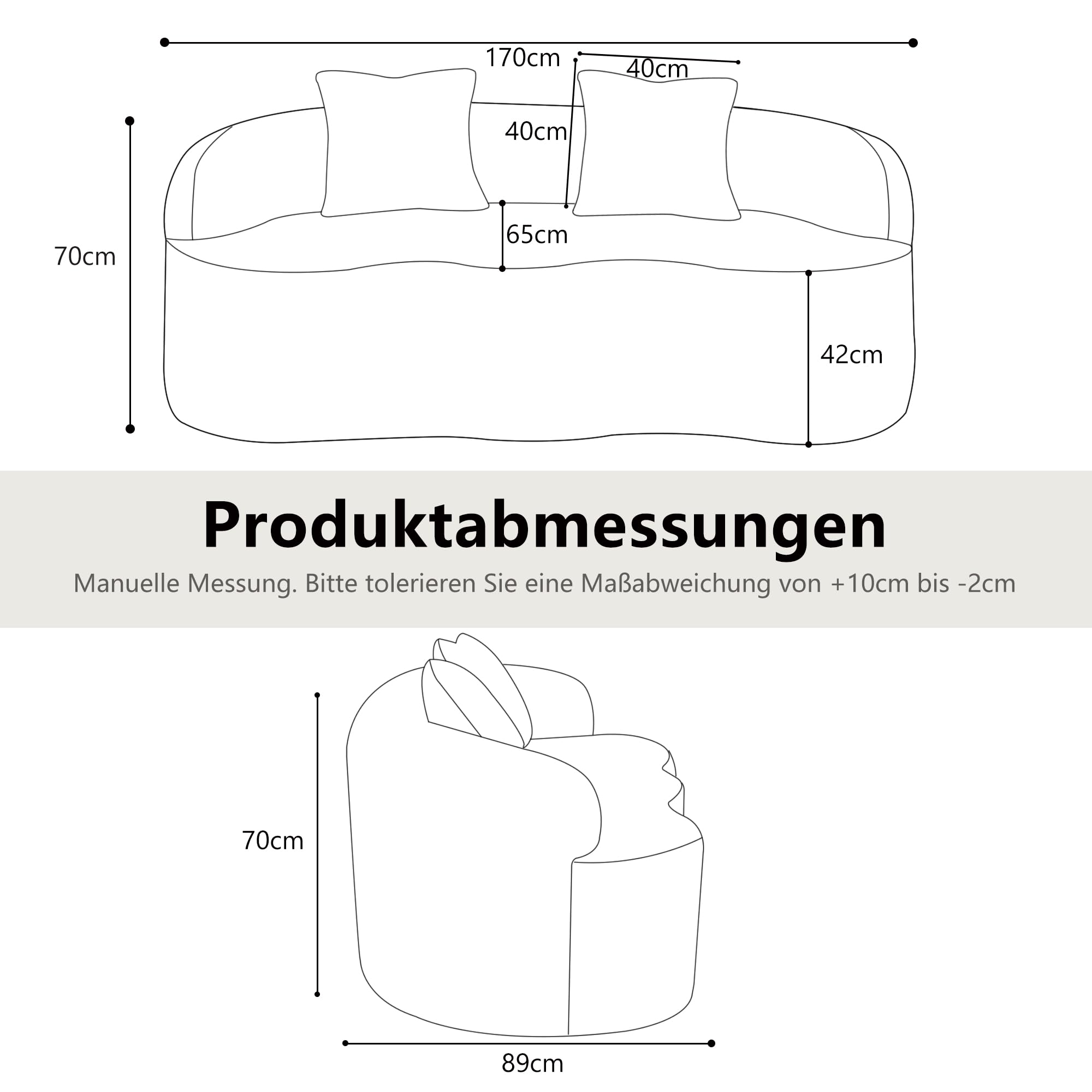 2 Sitzer Sofa 170 cm, geschwungenes Loveseat Sofa mit runden Armlehnen und 2 Kissen, kleines Sofa für Wohnzimmer, Schlafzimmer oder Büro, weiche Couch, montagefrei,(Weiß)