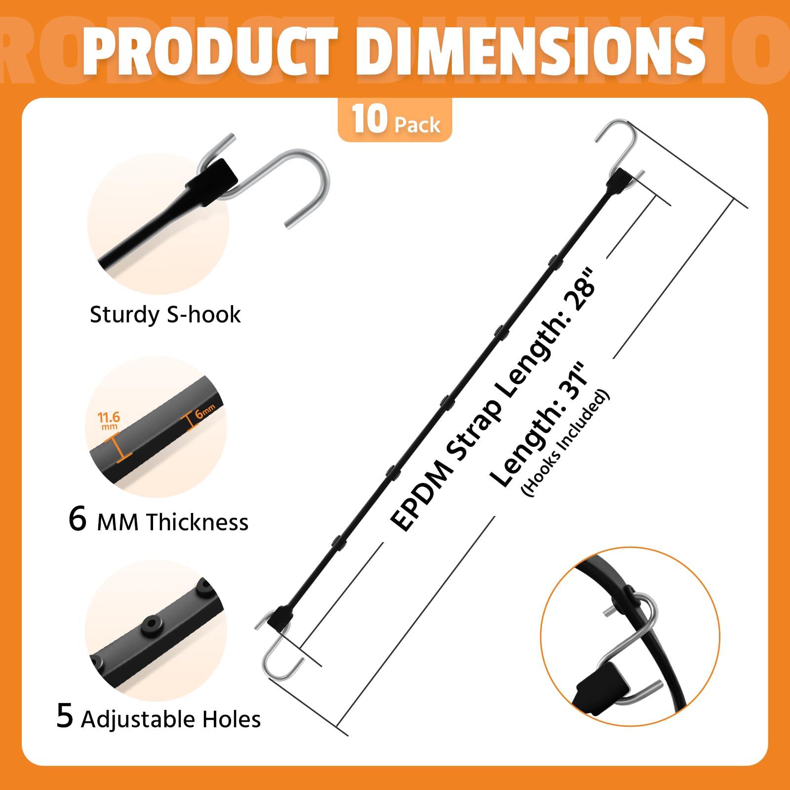 HOXWELL Cordoncini elastici regolabili da 78,7 cm con ganci, in gomma EPDM con 150% di elasticità massima, cinghie elastiche resistenti per fissare teloni, tele, carichi, moto, resistenti alle