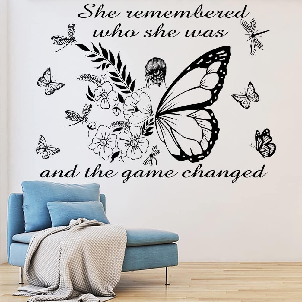 Inspirational Wall Art Quote - 'She Remembered Who She Was' - Positive Motivational Butterfly Decor for Women's Bedroom & Living Room - Yoga Studio & Beauty Salon Decor