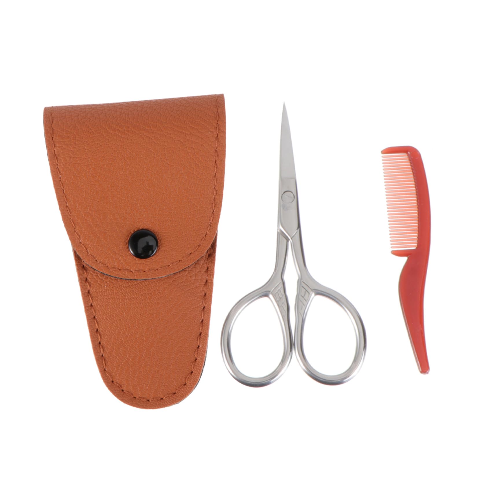 OSOLADY 2Pcs Beard Trimming Scissors Set Small Precision Scissors with Portable Brown Leather Grooming Kit for Men Durable Stainless Steel for Home Barber Use