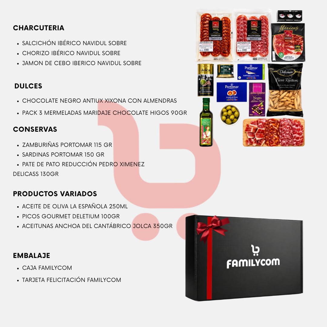 Cesta Gourmet para Regalar FAMILYCOM con Ibéricos, Aceite de Oliva, Chocolate, Jamón y Zamburiñas