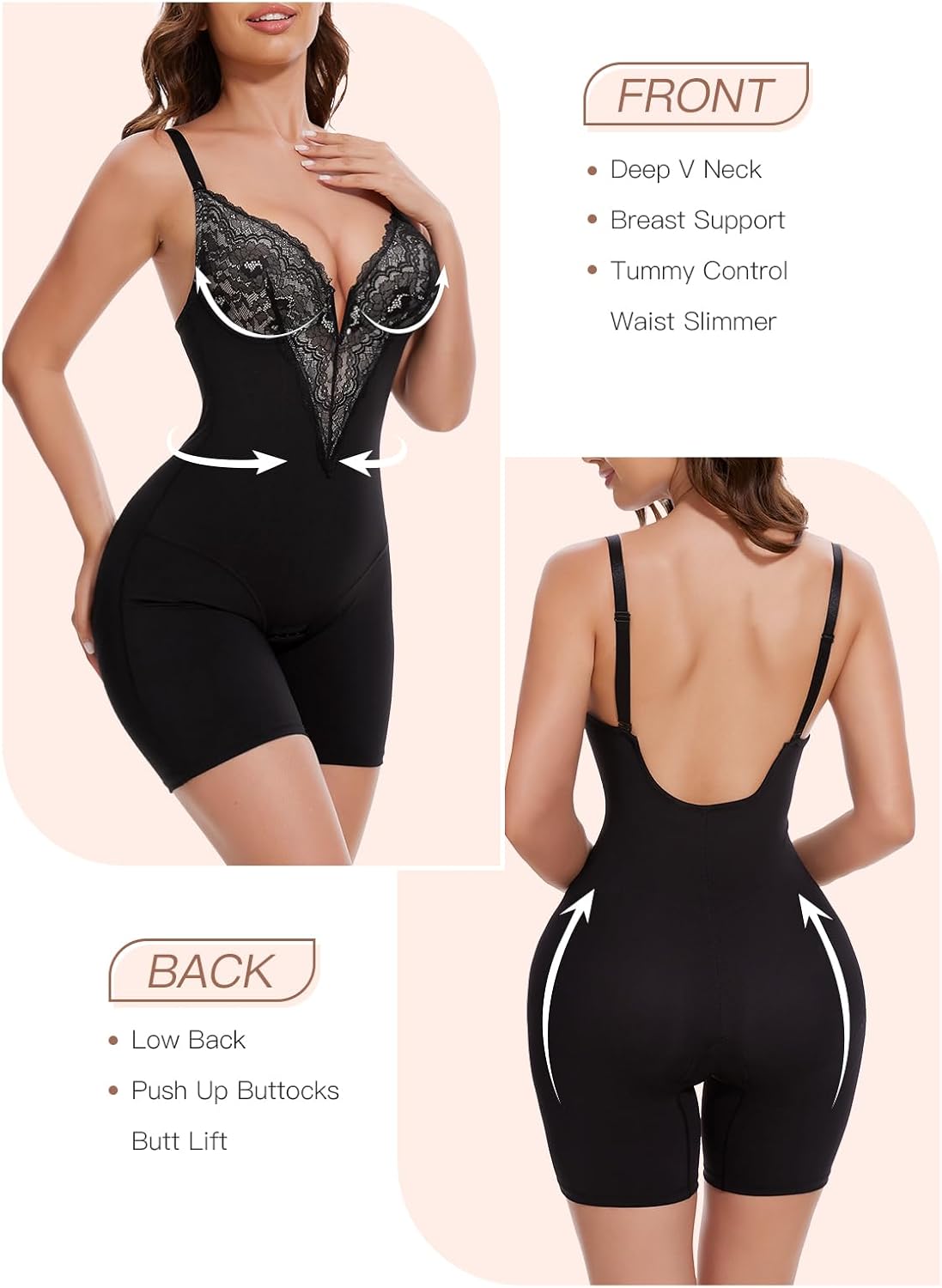 Slimers Sexy Lace Shapewear Bodysuit - V-Neck Low Back Body Shaper : Women Tummy Control with Underwire Shapewear Bodysuit - Image 2