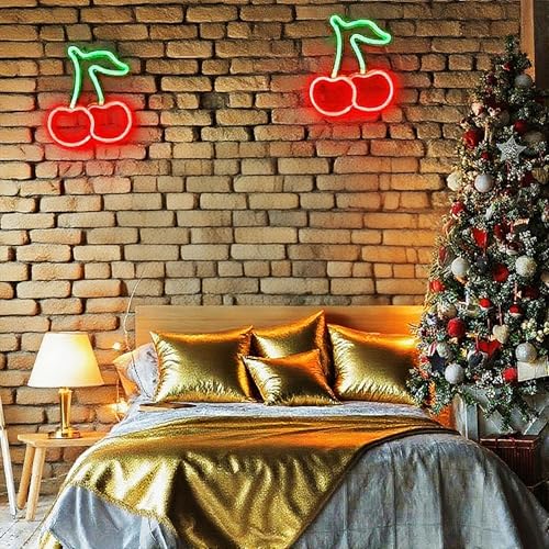Image of Cherry LED Neon Light Sign Handmade Lamp for Wall Room Party Home Bar Art Christmas Bedroom Table Wedding Party Desktop Decoration Teen Kids Birthday Holiday Gift USB Powered(Red-Green)