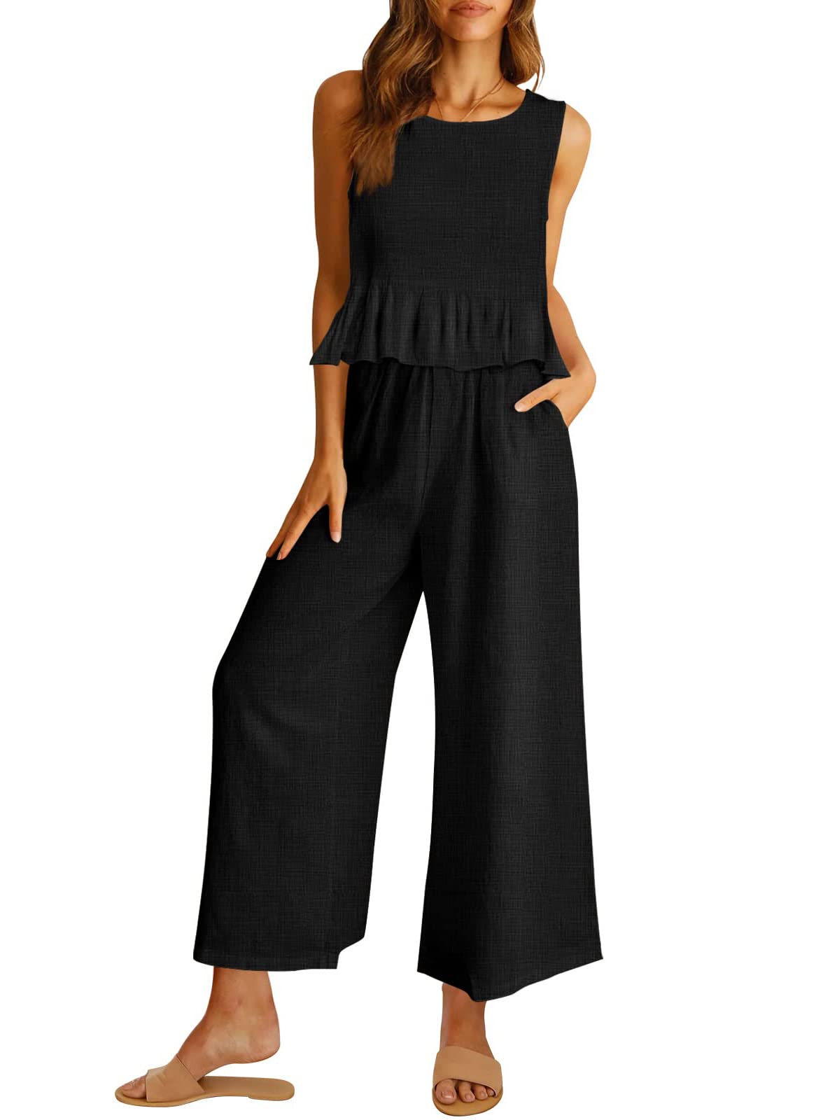BeaullyTwo Piece Outfits for Women Summer Matching Sets Lien Wide Leg Pants Crop Tank Top Trendy 2023