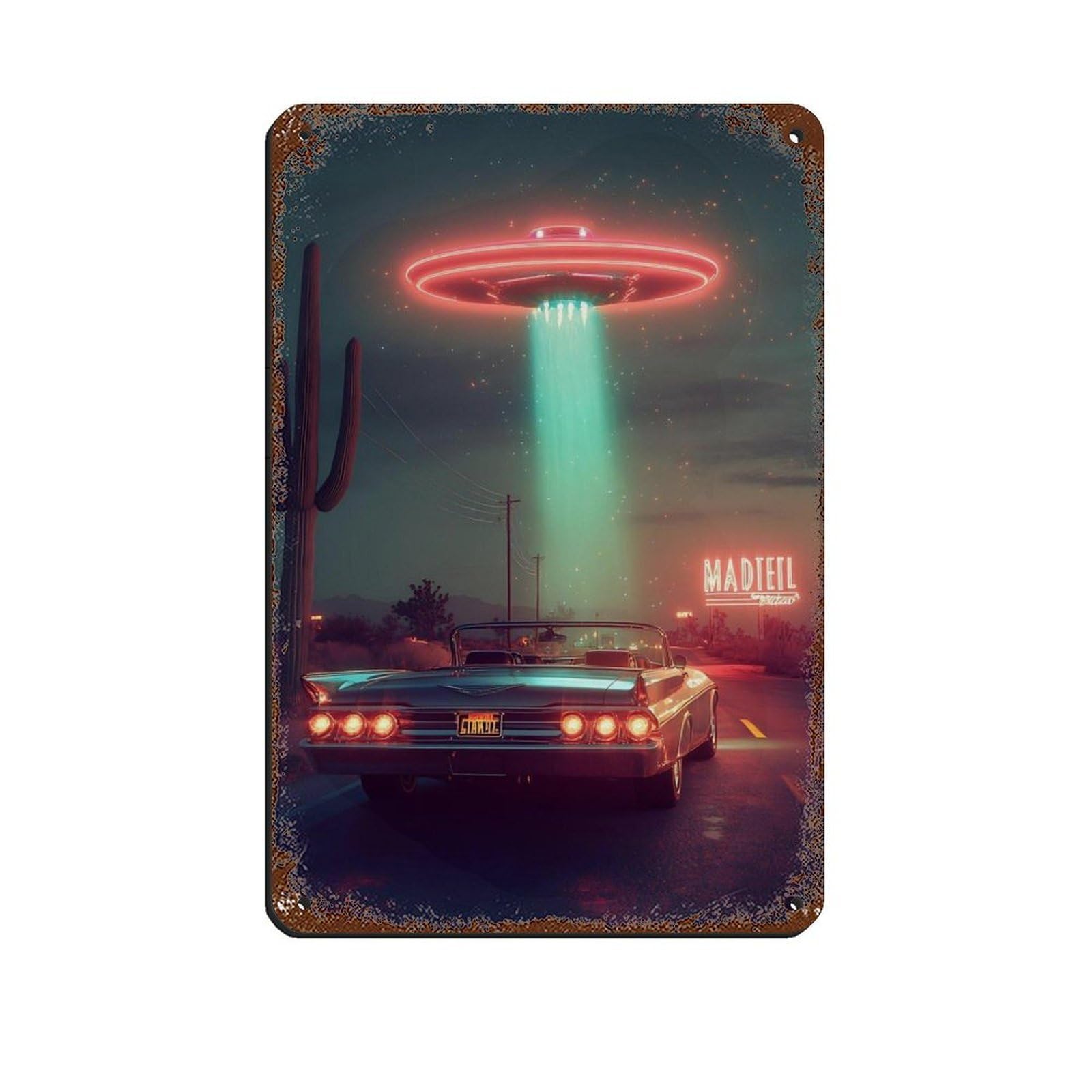 Vintage Car And UFO Neon Night Scene Retro Poster Metal Tin Sign Chic Art Retro Iron Painting Bar People Cave Cafe Family Garage Poster Wall Decoration 8x12inch(20x30cm)