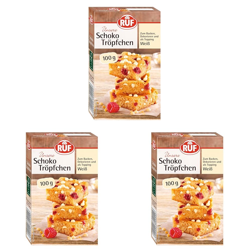 RUF weiße Schokolade-Tröpfchen, backfeste Schoko-Tropfen weiß, zum Backen & Dekorieren von Torten, Kuchen & Muffins, als Topping für Porridge, Bowl, Waffeln (Packung mit 3)