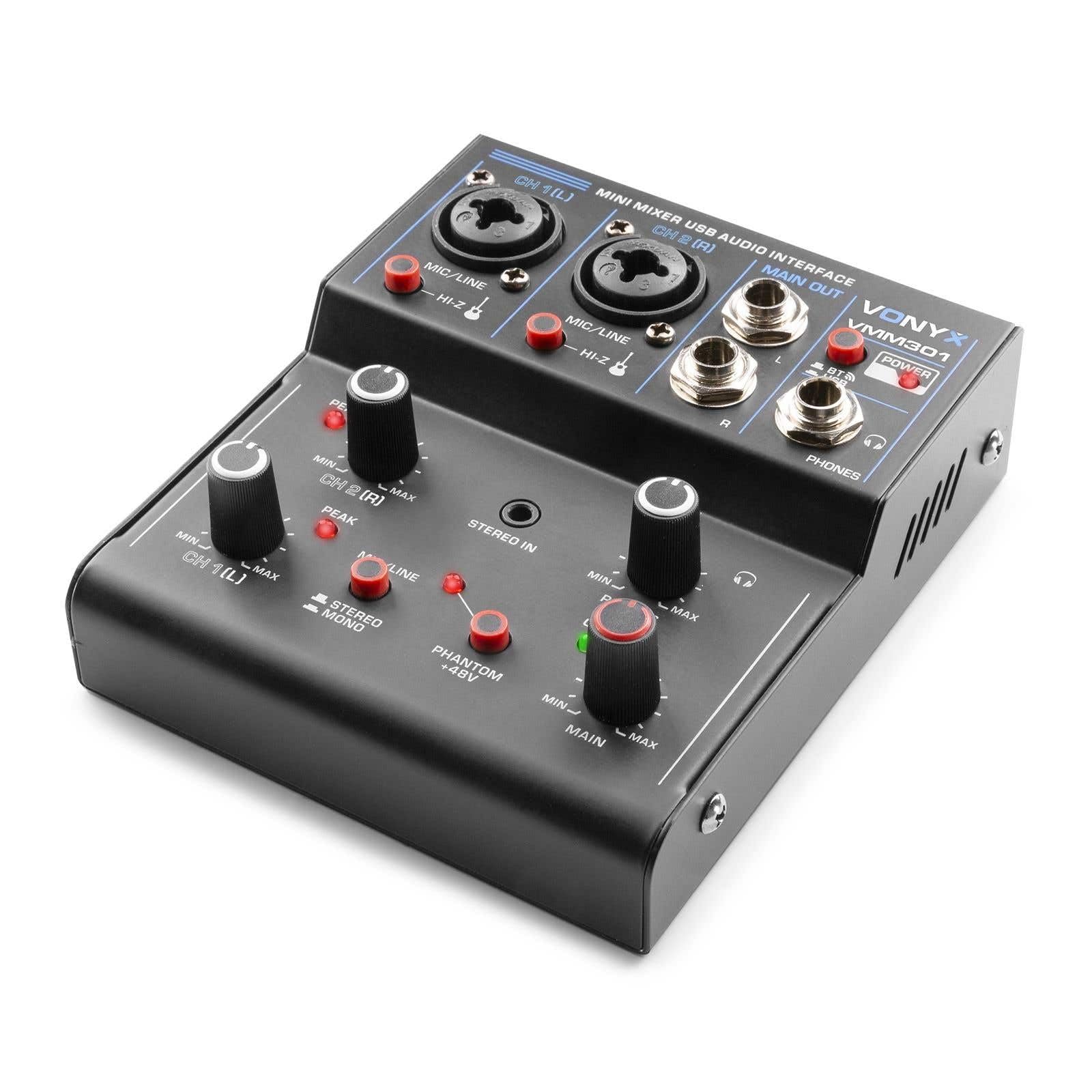 Vonyx VMM301 - Mezclador compacto USB con interfaz de audio, Bluetooth, phantom +48V, combo XLR/Jack, salida auriculares, entrada RCA, portátil para podcast, grabación y streaming