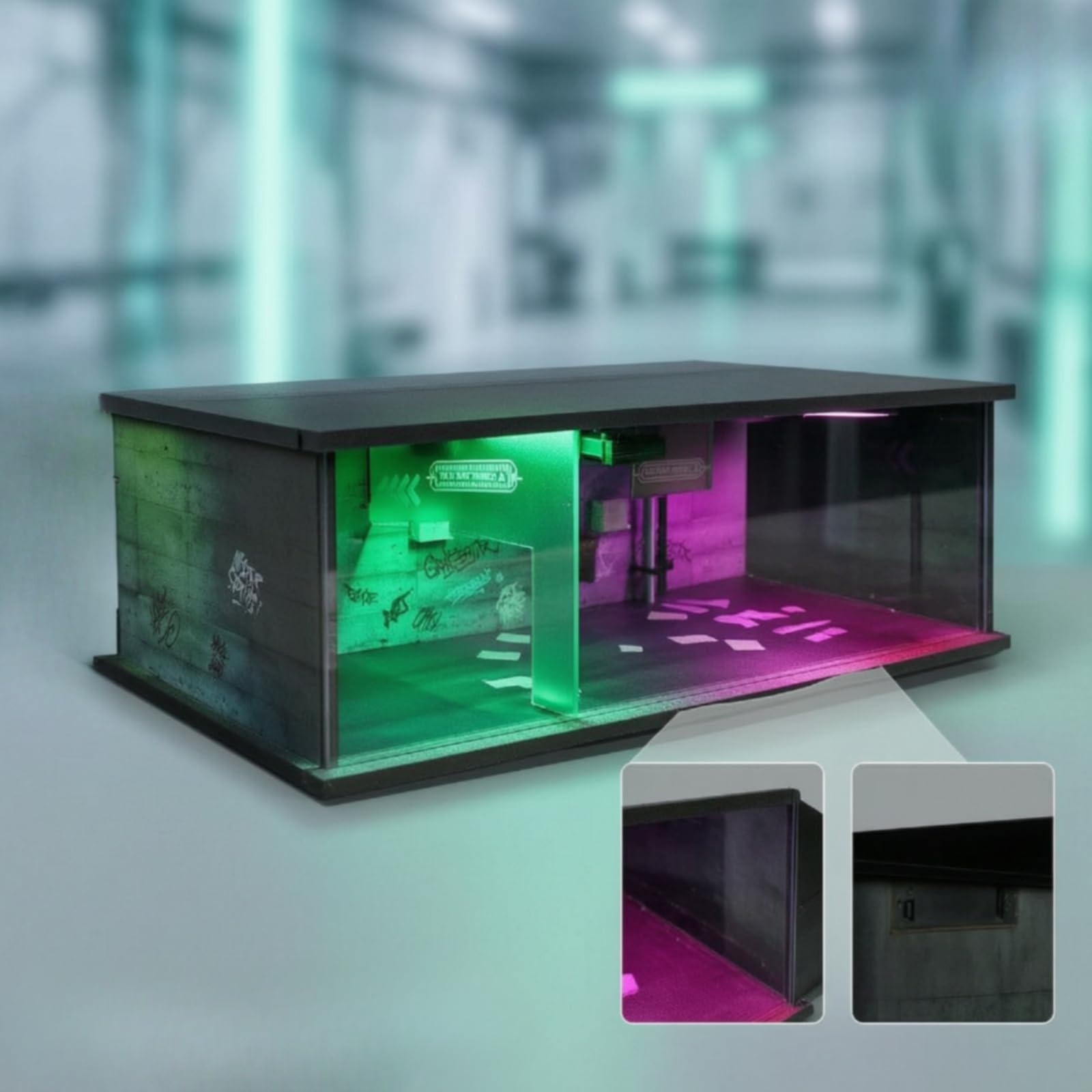 Modello di Scena Tecnopunk Luminoso Diorama in Miniatura da Collezione Vetrina con Porta in Acrilico per Scrivania, style to 1