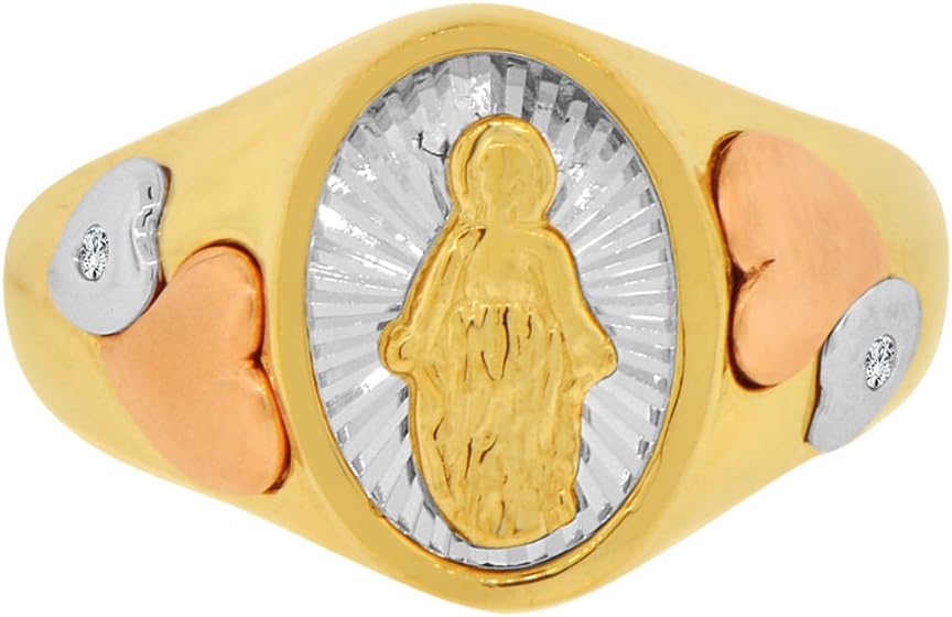 14k Tricolor Gold, Virgin Mary Religious Ring Hearts Created CZ Crystals.