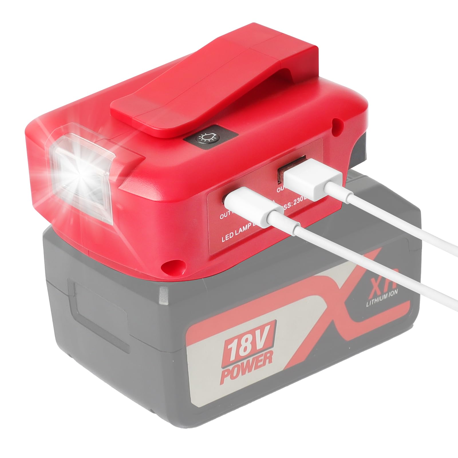 QUPERR USB-Akku-Adapter für Einhel_l_Power Change 18V Akku-System mit DC 12V Anschluss & Zwei USB-Anschlüssen & LED-Arbeitsleuchte & Gürtelclip