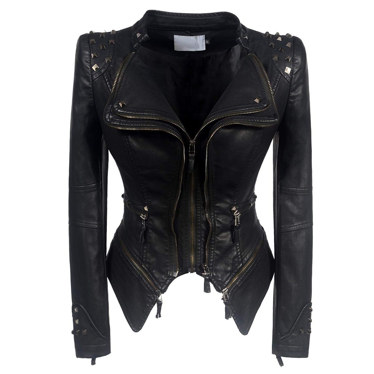 DISSA Veste moto femme en simili cuir Clous Corset Zip | Épaules cloutées, zip asym, zips taille, ourlet pointu, poignets zippés. Veste cloutée, manteau corset