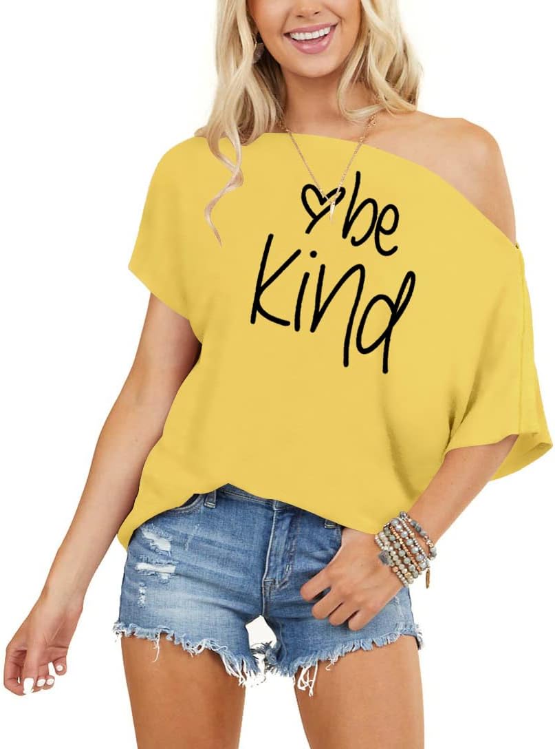 INFITTY Women's Off Shoulder Tops Short Sleeve Casual Loose Batwing Shirts Oversized Blouse Tunic - Image 2