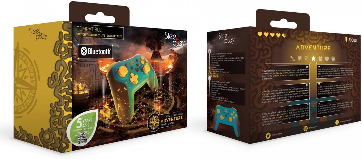 Packaging of the Steelplay Adventure Controller, showing the front and back of the box. The front highlights compatibility with Nintendo Switch, Switch Lite, and Switch OLED, along with Bluetooth connectivity and a '5 years warranty' badge. The back displays multilingual product descriptions and features.