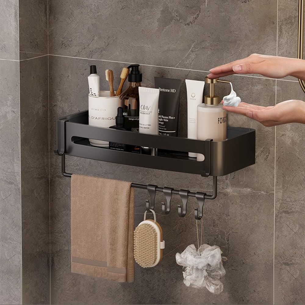 Allkartz Bathroom Adhesive Towel Bar & 6 Hooks Aluminium Bathroom Racks And Shelves Organizer With Drilling Wall Mounted Shelf For Bathroom Accessories Items (Floating Shelves), Black (B0CDQFB78F) Amazon Price History, Amazon Price Tracker