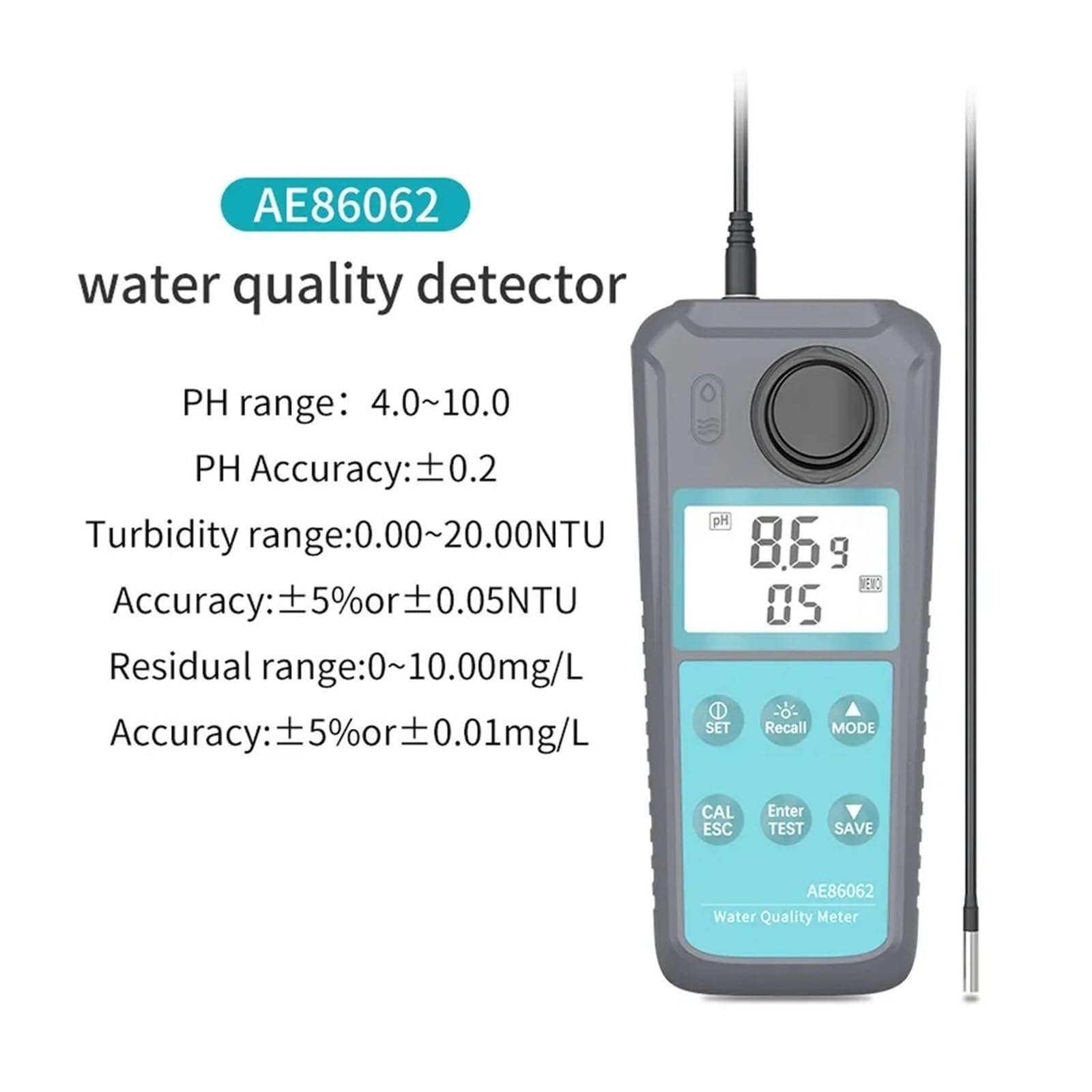 AE86062 Cyfrowy Miernik Jakości Wody 4,0-10,0 Tester PH ± 0,2 Podświetlany wyświetlacz