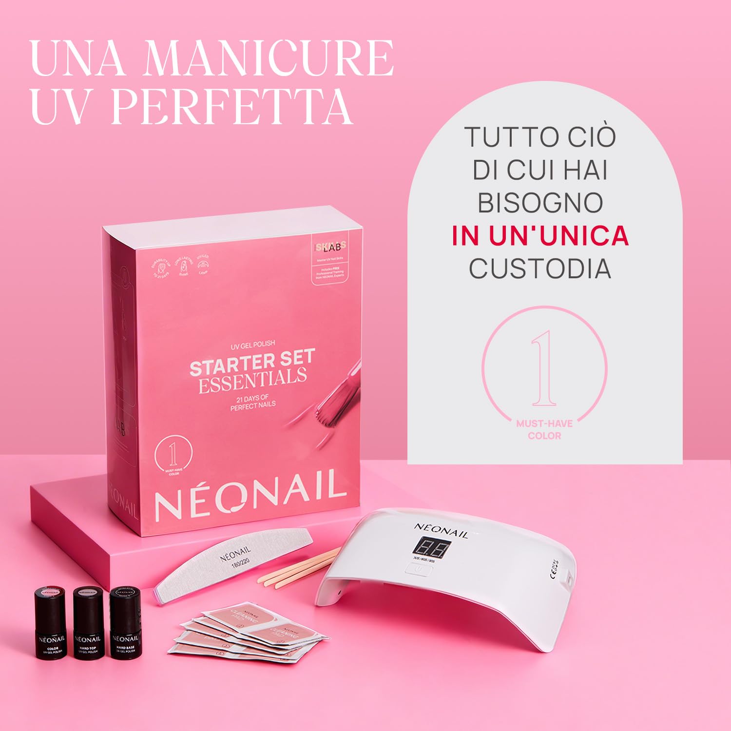 NÉONAIL Essentials Starter Set - Smalto Semipermanente Unghie - Kit Semipermanente Unghie - Gel Unghie - Kit Unghie - Smalto Unghie - Set Unghie - Base e Top Coat - Lampada UV 10W/36 - Smalti