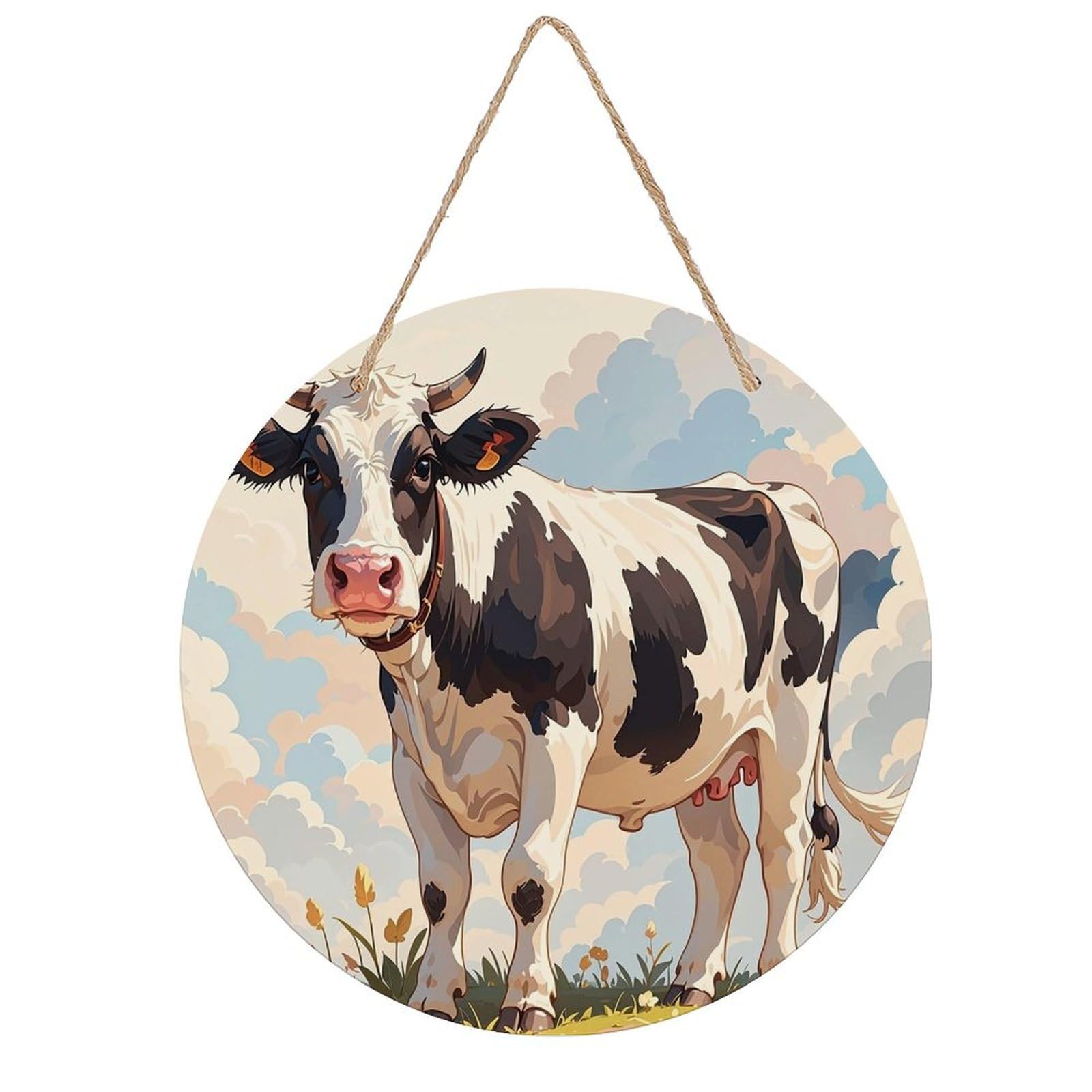 FekiLoot Dairy Cow Wall Art Decor Rustic Welcome Sign Round Wood Hanging Sign Decoration Wood Plaque Door Hanger Wooden Signs Wall Hanging Decor Housewarming Gift for Home Outdoor Indoor
