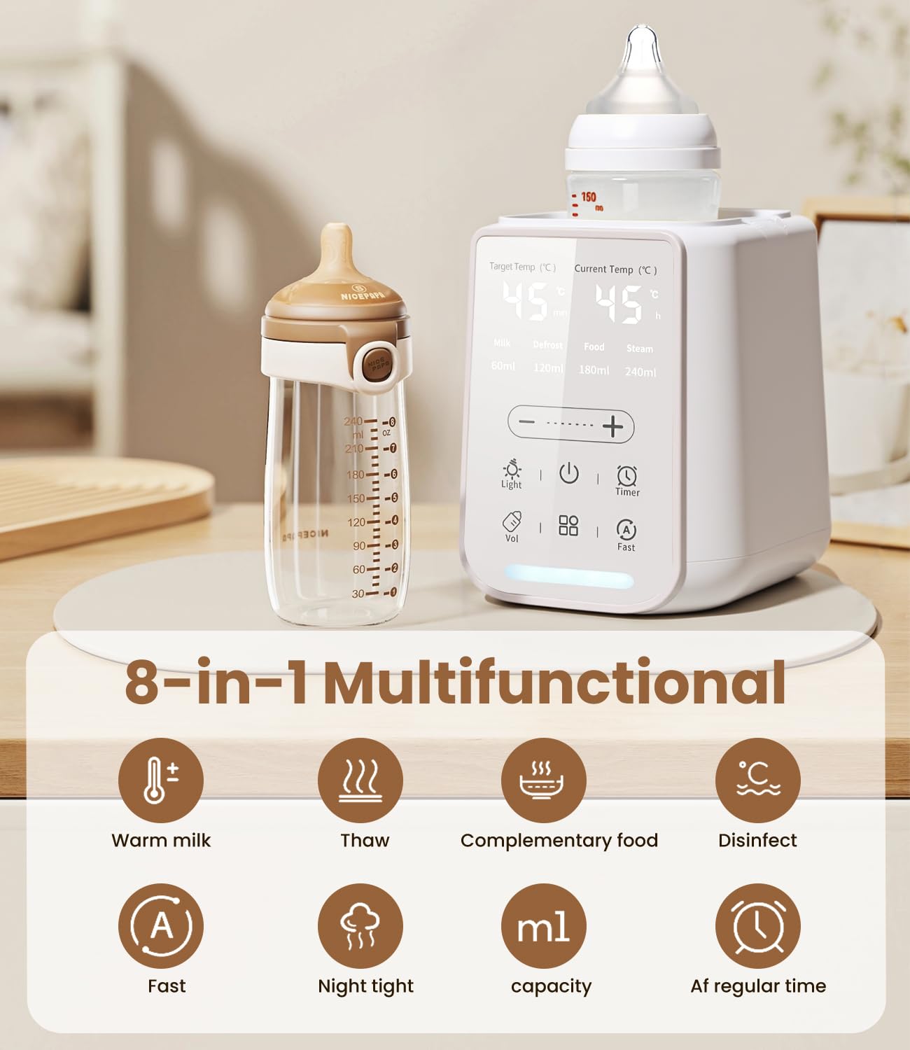 Scaldabiberon Portatile 8-in-1, Sterilizzatore e Scaldapappa, Display LCD, Timer, Luce Notturna, Controllo Temperatura, per Casa e Auto