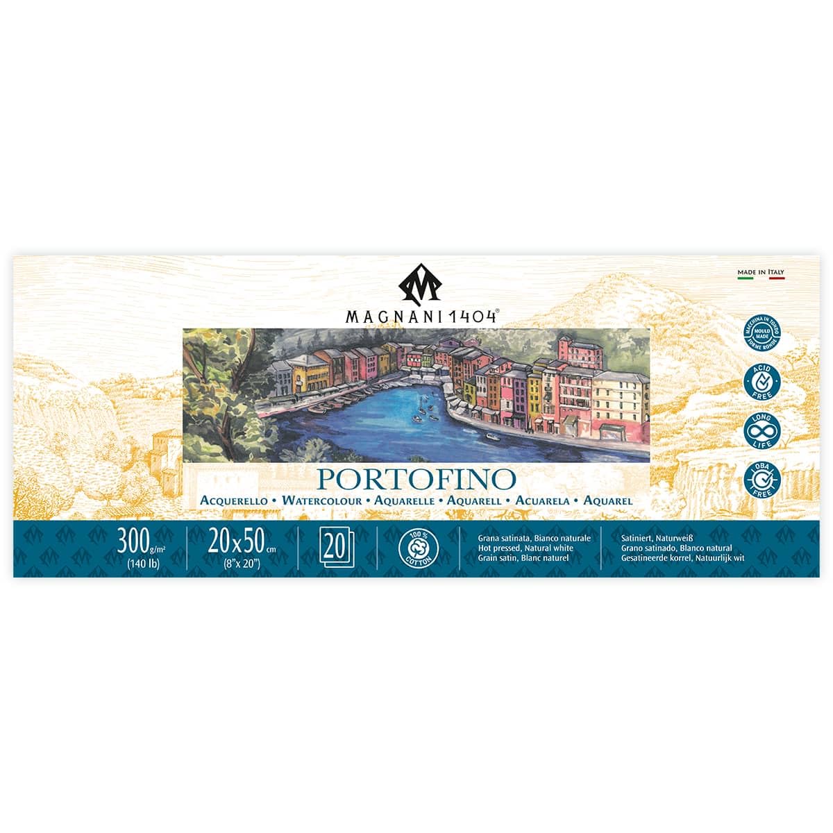 Magnani 1404 : Portofino Watercolour Pad : 20 x 50cm : 8 x 20in : 300gsm : 140lb : 20 Sheets : Hot Pressed