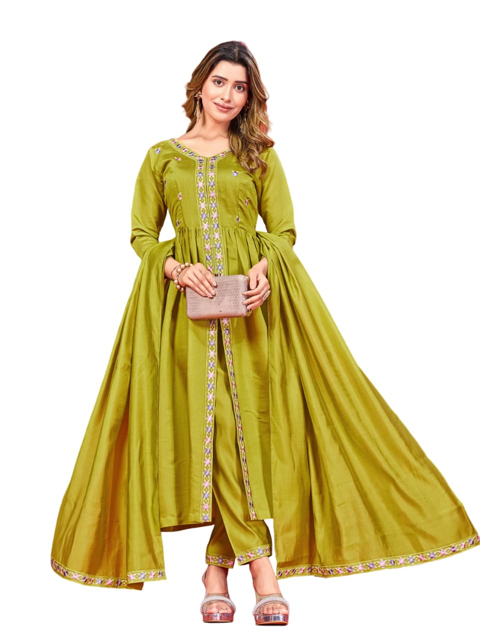 Womens Latest Pure Art Silk Embroidery Work Kurta, Pant With Dupatta Set | Women Stylish Kurta Set For Occasion (X-Large, Lemon)