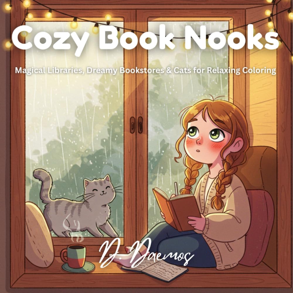 Cozy Book Nooks: Magical Libraries, Dreamy Bookstores & Cats for Relaxing Coloring