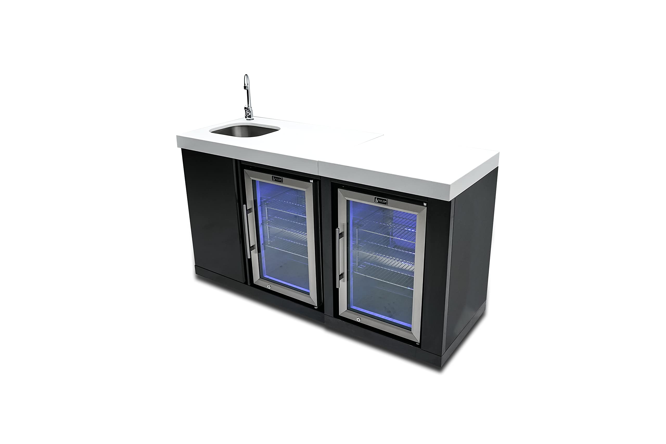 Mont Alpi Bar Series MA-BEVBSSFC Modular Black Stainless Steel Double Outdoor Rated Refrigerator Wine Cooler Beverage Center with Granite Countertops with Blue LED Lighting + Faucet & Sink on Fridge.com