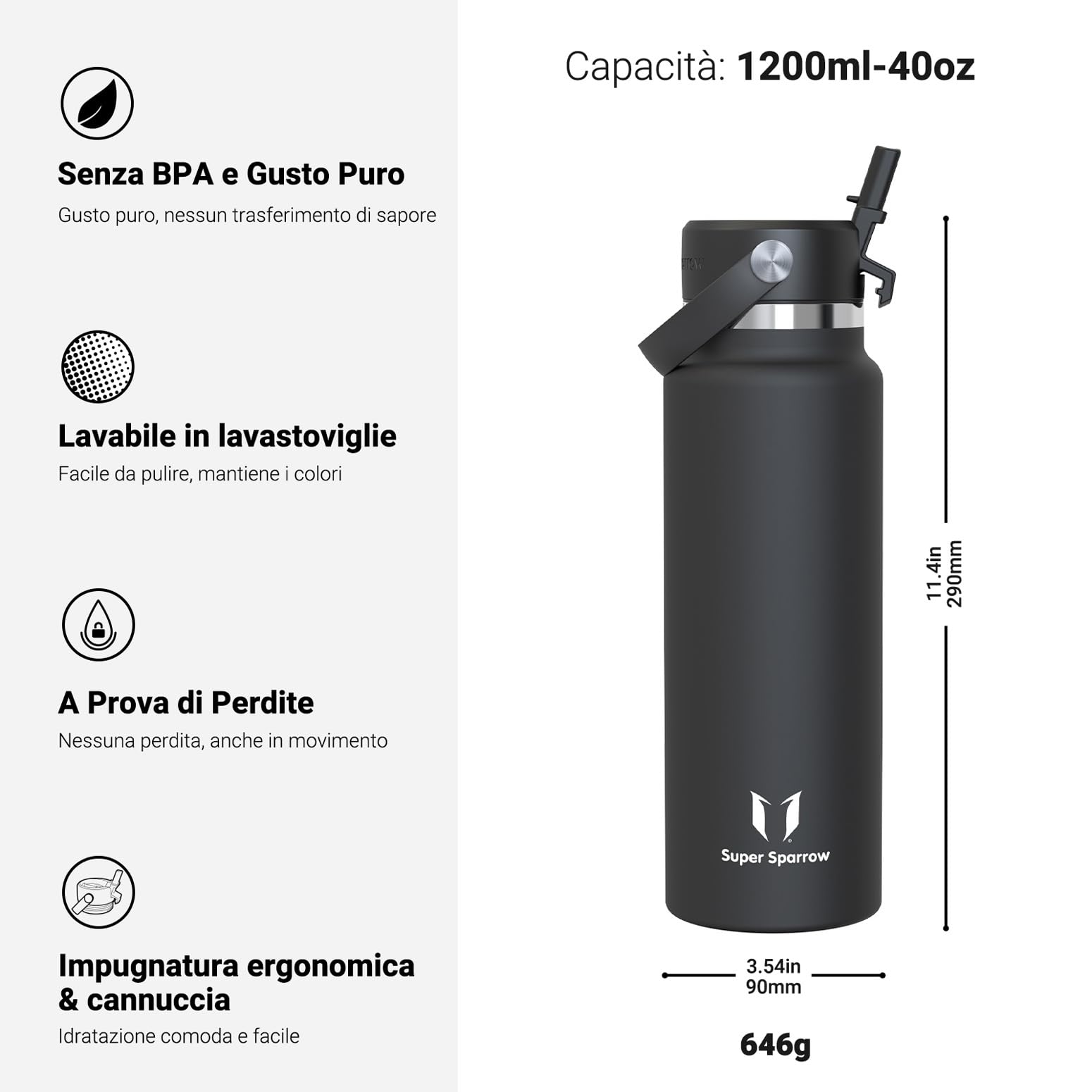 Sparrow Borraccia Termica - 500ml/750ml/1L/1.2L - SwivelSip Bottiglia Acciaio Inox - Senza BPA Borracce Termiche, Borraccia con Cannuccia Ergonomica per Scuola, Sportiva, Campeggio, Palestra