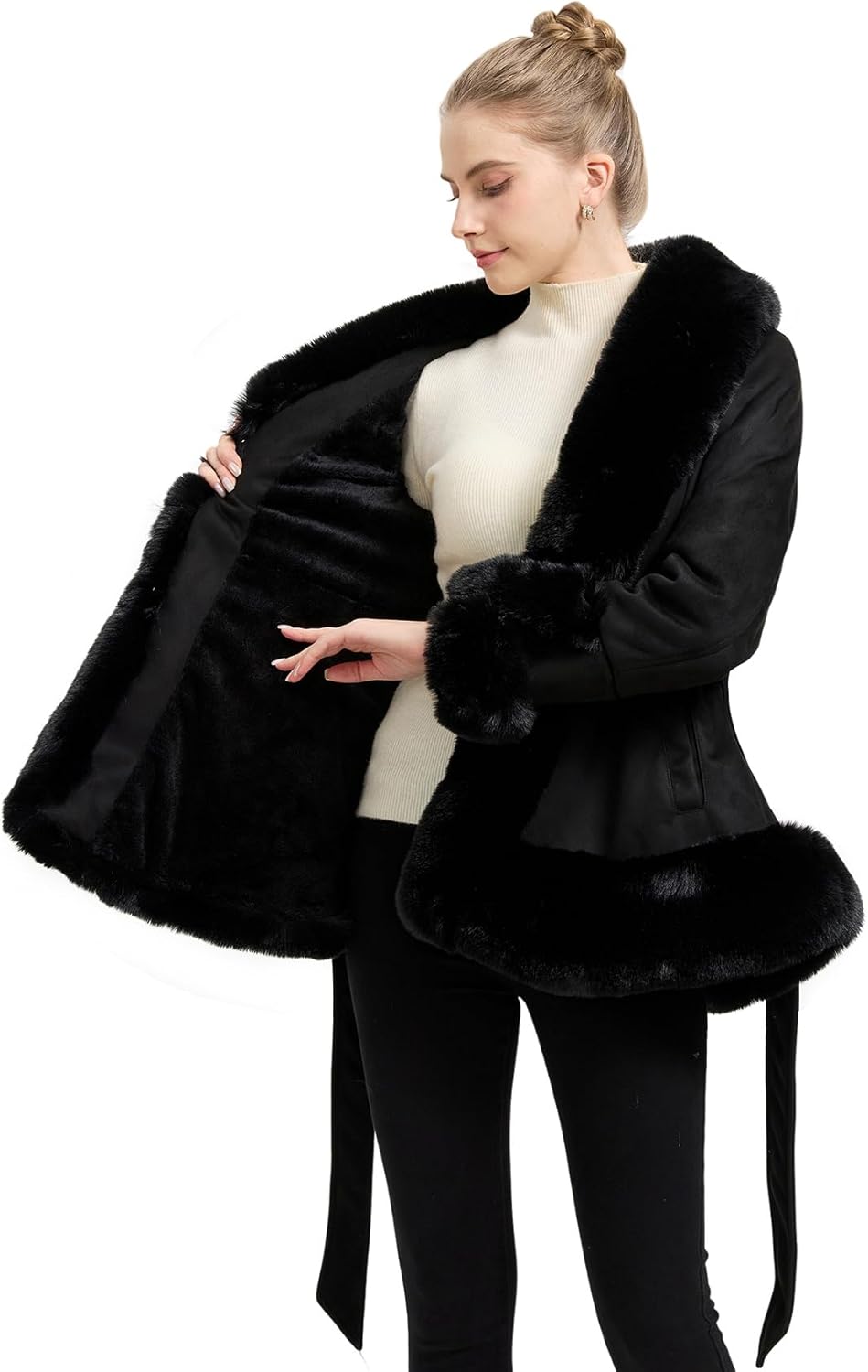 GRAN ORIENTE Suede Jacket for Women with Faux Fur Collar,Long Sleeve Warm Winter Parka Coat with Belt Outerwear - Image 4