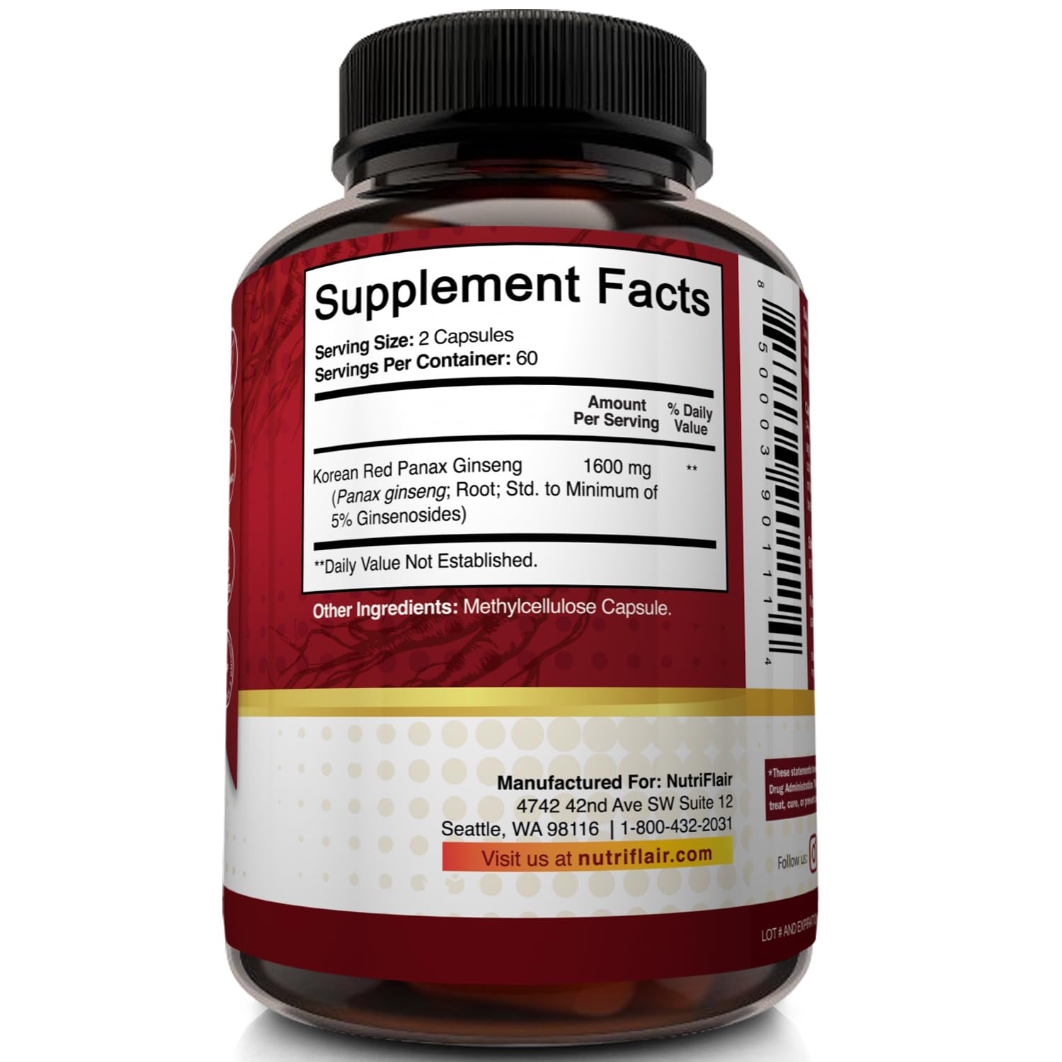 NutriFlair Korean Red Panax Ginseng 1600mg – 120 Vegan Capsules | 5% Ginsenosides | Non-GMO, Gluten-Free | Natural Energy & Focus Support | Made in USA — Amazon image 7